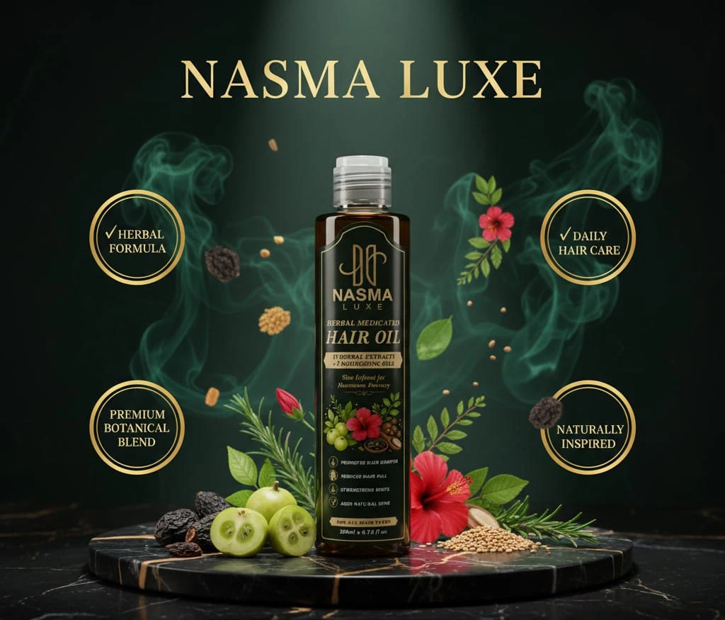 Nasma Luxe Herbal Hair Growth Oil on Pedestal