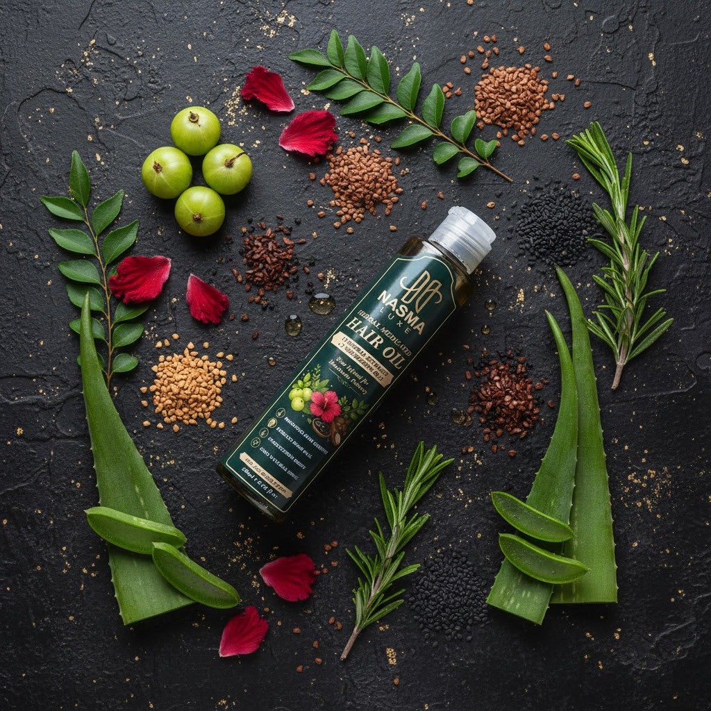NASMA LUXE herbal hair oil with amla and natural herbal ingredients