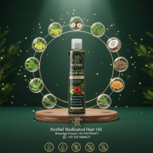 NASMA LUXE herbal medicated hair oil surrounded by natural herbal extracts and nourishing oils