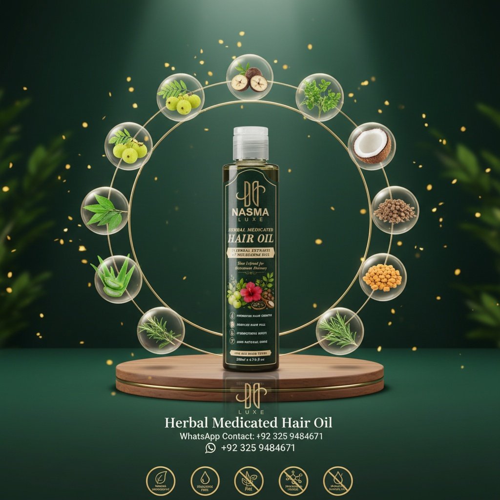 NASMA LUXE herbal medicated hair oil surrounded by natural herbal extracts and nourishing oils