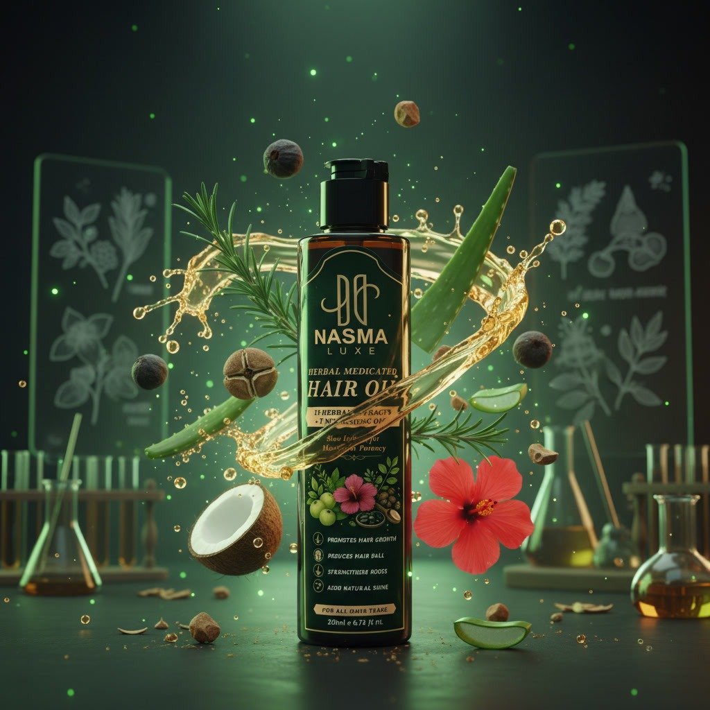 NASMA LUXE herbal medicated hair oil with aloe vera, rosemary, coconut and natural botanical ingredients